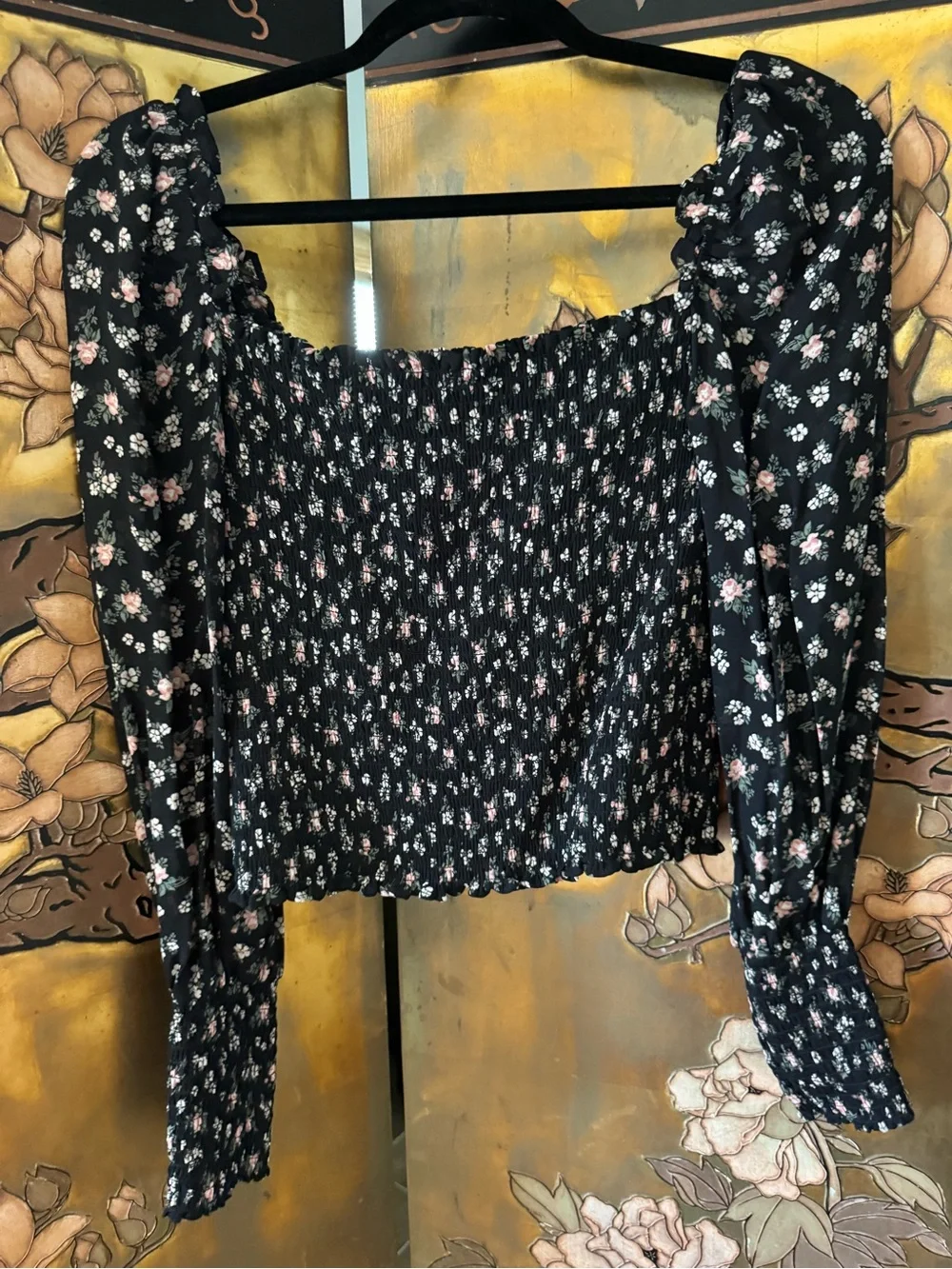 Reformation Black Smocked Floral Top